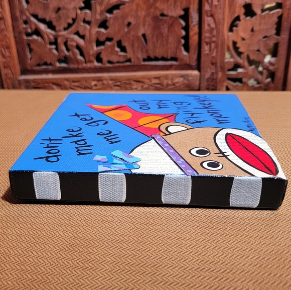 Susan Kline Original Painting With Sock Monkey, Flying Monkey, 6 in x 6 in - Picture 5 of 10